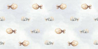 Şirin balıklar. Suluboya el yazısı mavi arka planda minimalistik, pürüzsüz bir desen çizdi. Çocuklar için tatlı pastel nötr sualtı deniz hayatı bebek bakımı tekstil kumaşı, ambalaj kağıdı.