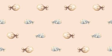 Şirin balıklar. Şeftali pembesi arka planda suluboya elle çizilmiş minimalist pürüzsüz desen. Çocuklar için şirin pastel nötr sualtı okyanus yaşamı bebek bakımı tekstil kumaş ambalaj kağıdı