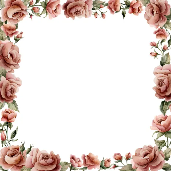 Gül çiçeği çerçevesi. Tozlu pembe bahçe çiçekleri kare düzenleme. Suluboya el boyası düğün tasarımı, ev tekstili, porselen çanak çömlek, kozmetik paketler, etiketler için çiçek resmi.