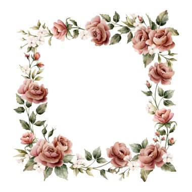 Gül çiçeği çerçevesi. Tozlu pembe bahçe çiçekleri kare düzenleme. Suluboya el boyası düğün tasarımı, ev tekstili, porselen çanak çömlek, kozmetik paketler, etiketler için çiçek resmi.