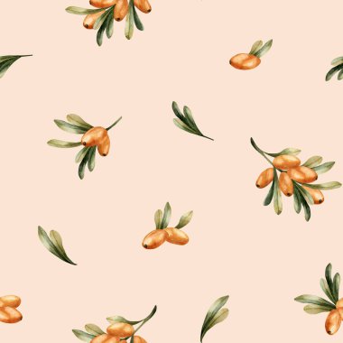 Turuncu böğürtlen ve yeşil yapraklı deniz dikenli dallar. Suluboya el, sonbahar çiçeksiz deseni şeftali pembesi arka planda sonbahar tekstili, ambalaj kağıdı, duvar kağıdı, kumaş