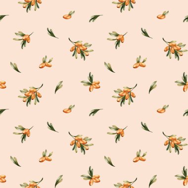 Turuncu böğürtlen ve yeşil yapraklı deniz dikenli dallar. Suluboya el, sonbahar çiçeksiz deseni şeftali pembesi arka planda sonbahar tekstili, ambalaj kağıdı, duvar kağıdı, kumaş