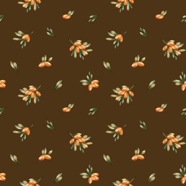 Turuncu böğürtlen ve yeşil yapraklı deniz dikenli dallar. Suluboya el, güz dönemi çiçeksiz desenini güz tekstili için koyu kahverengi arka plana boyamış, ambalaj kağıdı, duvar kağıdı, kumaş