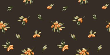 Turuncu böğürtlen ve yeşil yapraklı deniz dikenli dallar. Suluboya el, güz tasarımı, ev tekstili, ambalaj kağıdı, duvar kağıdı, kumaş için koyu arkaplan üzerine sonbahar çiçeksiz desen boyamış.