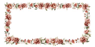 Gül çiçeği çerçevesi. Tozlu pembe bahçe çiçekleri dikdörtgen düzenleme. Suluboya el resmi düğün tasarımı, ev tekstili, porselen çanak çömlek, kozmetik paket etiketleri için izole edilmiş.