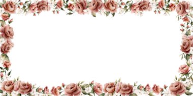 Gül çiçeği çerçevesi. Tozlu pembe bahçe çiçekleri dikdörtgen düzenleme. Suluboya el resmi düğün tasarımı, ev tekstili, porselen çanak çömlek, kozmetik paket etiketleri için izole edilmiş.