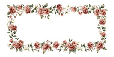 Gül çiçeği çerçevesi. Tozlu pembe bahçe çiçekleri dikdörtgen düzenleme. Suluboya el resmi düğün tasarımı, ev tekstili, porselen çanak çömlek, kozmetik paket etiketleri için izole edilmiş.