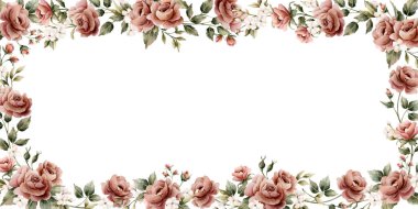 Gül çiçeği çerçevesi. Tozlu pembe bahçe çiçekleri dikdörtgen düzenleme. Suluboya el resmi düğün tasarımı, ev tekstili, porselen çanak çömlek, kozmetik paket etiketleri için izole edilmiş.