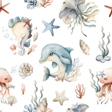 Şirin deniz hayvanları ve bitkiler. Yunus deniz atı denizanası iğneli deniz yosunu ve deniz yıldızı. Çocuklar için beyaz arka planda suluboya yaz kusursuz desen bebek bakımı tekstil kumaş ambalaj kağıdı