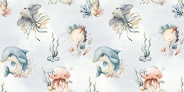 Şirin deniz hayvanları ve bitkiler. Yunus deniz atı denizanası iğneli deniz yosunu ve deniz yıldızı. Çocuklar için mavi arka planda suluboya yazsız desen bebek bakımı tekstil kumaş ambalaj kağıdı