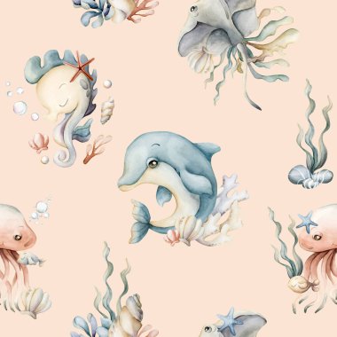 Şirin deniz hayvanları ve bitkiler. Yunus deniz atı denizanası iğneli deniz yosunu ve deniz yıldızı. Çocuklar için şeftali pembesi arka planda suluboya yaz kusursuz desen bebek bakımı tekstil kumaş ambalajı