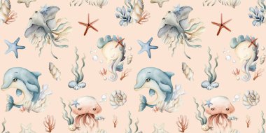 Şirin deniz hayvanları ve bitkiler. Yunus deniz atı denizanası iğneli deniz yosunu ve deniz yıldızı. Çocuklar için şeftali pembesi arka planda suluboya yaz kusursuz desen bebek bakımı tekstil kumaş ambalajı