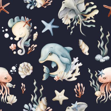 Şirin deniz hayvanları ve bitkiler. Yunus deniz atı denizanası iğneli deniz yosunu ve deniz yıldızı. Koyu mavi arka planda suluboya yaz desenleri bebek bakıcılığı tekstil kumaş ambalaj kağıdı