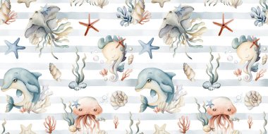 Şirin deniz hayvanları ve bitkiler. Yunus deniz atı denizanası deniz yosunu kabuğu deniz yıldızı. Çocuklar için beyaz zemin üzerinde suluboya mavi çizgili desen bebek tekstil kumaş ambalaj kağıdı