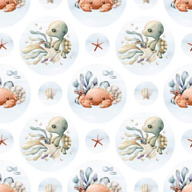 Deniz yıldızı deniz yıldızı kabuklu tatlı kaplumbağa ve yengeç. Su altı dünyası tapılası. Çocuklar için beyaz arka planda suluboya yaz kusursuz desen bebek bakımı tekstil kumaş ambalaj kağıdı