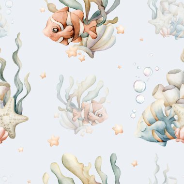 Şirin Palyaço Balık Melek Deniz Yıldızı Deniz Yosunu. Su altı dünyası tapılası. Çocuklar için mavi arka planda suluboya yaz denizciliği deseni bebek bakımı tekstil kumaş ambalaj kağıdı