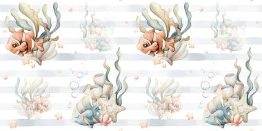 Şirin Palyaço Balık Melek Deniz Yıldızı Deniz Yosunu. Su altı dünyası tapılası. Suluboya yaz, deniz mavisi çizgili beyaz arka planda çocuklar için bebek tekstil kumaşı.