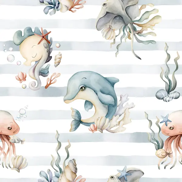 Şirin deniz hayvanları ve bitkiler. Yunus deniz atı denizanası deniz yosunu kabuğu deniz yıldızı. Çocuklar için beyaz zemin üzerinde suluboya mavi çizgili desen bebek tekstil kumaş ambalaj kağıdı