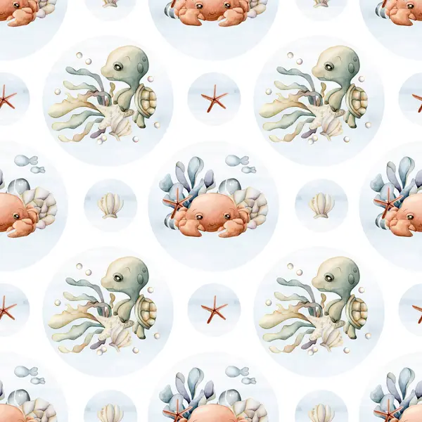 Deniz yıldızı deniz yıldızı kabuklu tatlı kaplumbağa ve yengeç. Su altı dünyası tapılası. Çocuklar için beyaz arka planda suluboya yaz kusursuz desen bebek bakımı tekstil kumaş ambalaj kağıdı