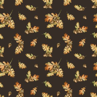 Meşe palamudu ve sonbahar yapraklı meşe dalı. Suluboya el, güz ormanı tasarımı için koyu arka planda çiçeksiz desenler çizmiş, rahat izler, sevimli tekstil, ambalaj kağıdı, duvar kağıdı, kumaş.