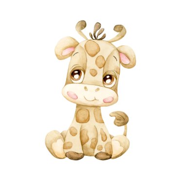 Şirin zürafa. Tropik Afrika hayvanı. Sevimli vahşi yaşam. Safari ormanı tasarımı için beyaz arka planda izole edilmiş suluboya resimler çocuk odası duvarları çıkartmaları bebek partisi posterleri.