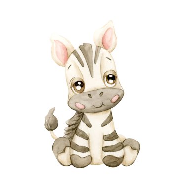 Şirin Zebra. Tropik Afrika hayvanı. Sevimli vahşi yaşam. Safari ormanı tasarımı için beyaz arka planda izole edilmiş suluboya resimler çocuk odası duvarları çıkartmaları bebek partisi posterleri.