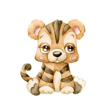 Şirin Kaplan. Tropik Afrika hayvanı. Sevimli vahşi yaşam. Safari ormanı tasarımı için beyaz arka planda izole edilmiş suluboya resimler çocuk odası duvarları çıkartmaları bebek partisi posterleri.