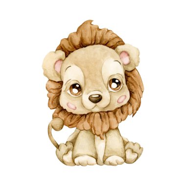 Şirin Aslan. Tropik Afrika hayvanı. Sevimli vahşi yaşam. Safari ormanı tasarımı için beyaz arka planda izole edilmiş suluboya resimler çocuk odası duvarları çıkartmaları bebek partisi posterleri.