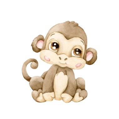 Şirin Maymun. Tropik Afrika hayvanı. Sevimli vahşi yaşam. Safari ormanı tasarımı için beyaz arka planda izole edilmiş suluboya resimler çocuk odası duvarları çıkartmaları bebek partisi posterleri.