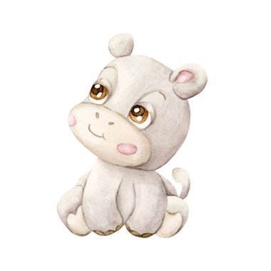 Şirin Hippo. Tropik Afrika hayvanı. Sevimli vahşi yaşam. Safari ormanı tasarımı için beyaz arka planda izole edilmiş suluboya resimler çocuk odası duvarları çıkartmaları bebek partisi posterleri.