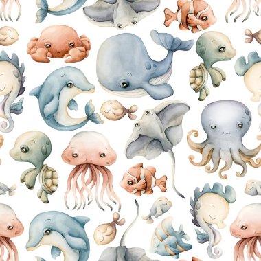 Şirin deniz hayvanları su altında sevimli bir dünya. Balina yunus ahtapot iğneli balık. Çocuklar için beyaz zemin üzerinde suluboya yaz pastel rengi kusursuz desen bebek tekstil kumaş ambalaj kağıdı