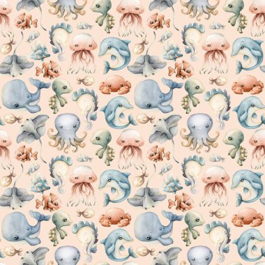 Şirin deniz hayvanları su altında sevimli bir dünya. Balina yunus ahtapot iğneli balık. Çocuklar için bej arka planda suluboya yaz pastel rengi kusursuz desen bebek tekstil kumaş ambalaj kağıdı