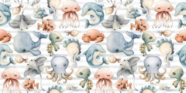 Şirin deniz hayvanları su altında sevimli bir dünya. Balina yunus ahtapot iğneli balık. Çocuklar için beyaz zemin üzerinde suluboya mavi çizgili desen bebek tekstil kumaş ambalaj kağıdı