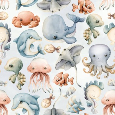 Şirin deniz hayvanları su altında sevimli bir dünya. Balina yunus ahtapot iğneli balık. Çocuklar için mavi zemin üzerinde suluboya yaz pastel rengi kusursuz desen bebek tekstil kumaş ambalaj kağıdı