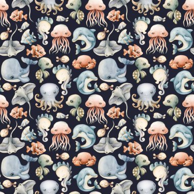 Şirin deniz hayvanları su altında sevimli bir dünya. Balina yunus ahtapot iğneli balık. Çocuklar için koyu mavi arka planda suluboya yaz pasteli kusursuz desen bebek tekstil kumaş ambalaj kağıdı