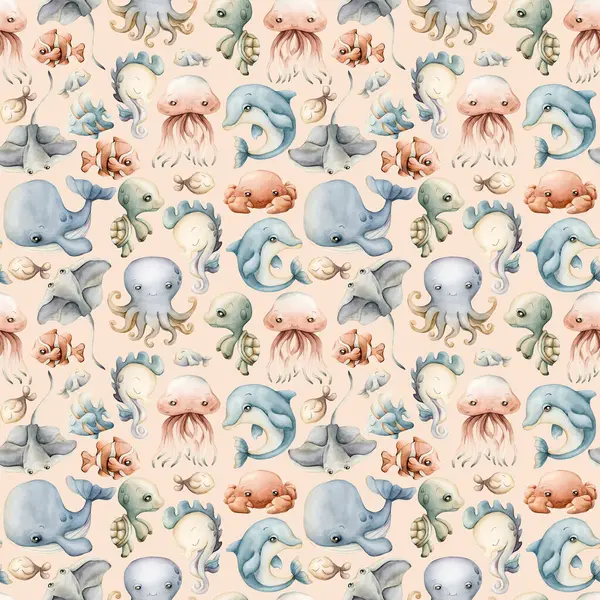 Şirin deniz hayvanları su altında sevimli bir dünya. Balina yunus ahtapot iğneli balık. Çocuklar için bej arka planda suluboya yaz pastel rengi kusursuz desen bebek tekstil kumaş ambalaj kağıdı