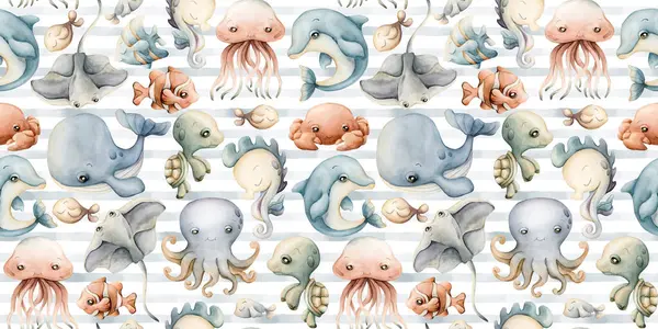 Şirin deniz hayvanları su altında sevimli bir dünya. Balina yunus ahtapot iğneli balık. Çocuklar için beyaz zemin üzerinde suluboya mavi çizgili desen bebek tekstil kumaş ambalaj kağıdı