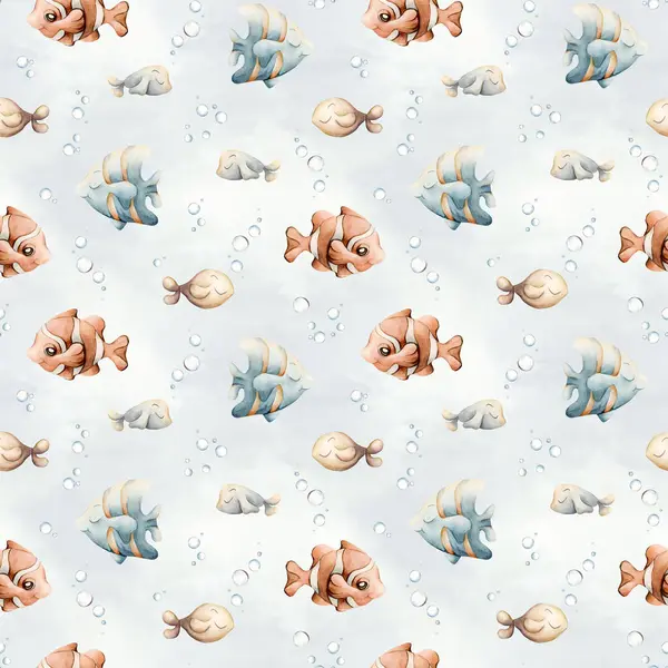 Deniz Balıkları Su Baloncukları. Suluboya el boyası, yaz mevsimini su altında, mavi arka planda pürüzsüz bir desen olarak boyamış. Tatlı pastel nötr palyaço balığı çocuklar için bebek bakımı tekstil kumaş ambalaj kağıdı