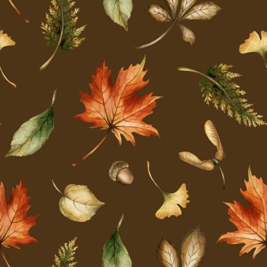 Sonbahar orman yaprakları, tohumlar ve meşe palamudu. Suluboya el boyası, güz ormanı tasarımı için koyu kahverengi arka planda çiçeksiz desen, hoş ev tekstili, ambalaj kağıdı kağıdı kumaşı.