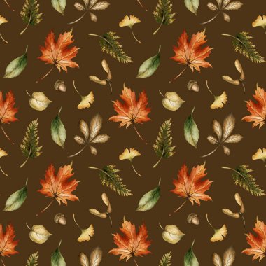 Sonbahar orman yaprakları, tohumlar ve meşe palamudu. Suluboya el boyası, güz ormanı tasarımı için koyu kahverengi arka planda çiçeksiz desen, hoş ev tekstili, ambalaj kağıdı kağıdı kumaşı.