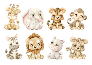 Şirin Tropikal Safari hayvanları Clipart Sevimli Afrika Vahşi Yaşam Zürafası Fil Hippo Suluboya el boyası Orman tasarımı için beyaz arka planda izole edilmiş bembeyaz resimli bebek hediye partisi..