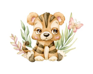 Tropikal Yapraklı Şirin Kaplan Kelebek Safari Afrika hayvanı. Suluboya el resmi, egzotik orman tasarımı, çocuk odası duvarları, bebek partisi kartları için beyaz arka planda izole edilmiş.