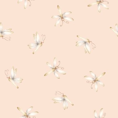 Şirin yusufçuk kelebeği suluboya el boyası yaz pastel yumuşak, yumuşak, nötr bej arka planda bebek bezi kumaşı kumaş paketleme kağıt çocuk ürünleri için kusursuz desen