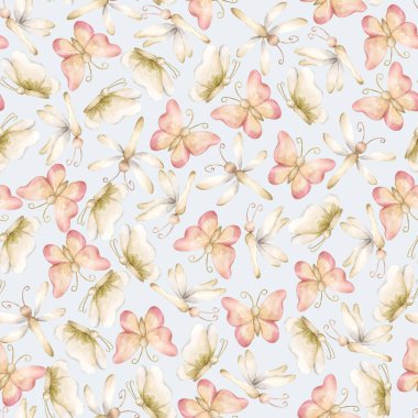 Şirin Kelebek Dragonfly Su Boyası el boyası yaz pastel yumuşak, hafif, nötr, pürüzsüz desen mavi arka planda bebek bezi kumaşlı kağıt çocuk ürünleri paketlemek için..