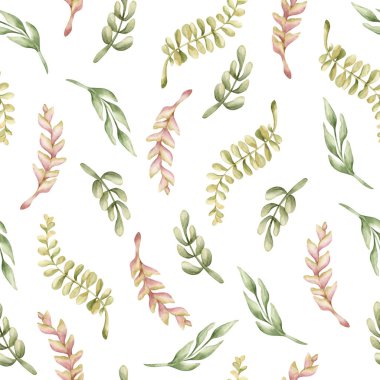 Yaprak Dalları Heliconia Küçük dallar Tropikal egzotik bitkiler suluboya yaz pasteli beyaz arka plan üzerinde nötr pürüzsüz desen bebek bezi kumaş kumaş ambalaj kağıdı