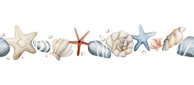 Deniz yıldızı kabuklu çakıl taşı incileri. Okyanus sualtı deniz yaşamı. Suluboya el boyası, beyaz arka planda kusursuz bir sınır. Çocuklar için şirin pastel bebek tekstil kumaşı, ambalaj kağıdı.