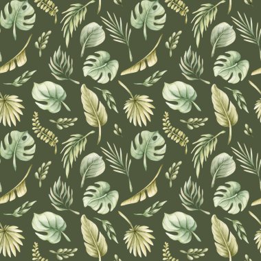 Tropikal Monstera Palm Yaprakları Egzotik yeşil bitkiler suluboya yaz boyası nötr pürüzsüz desen yeşil arka planda bebek bezi kumaş kumaş ambalaj kağıdı bebek için