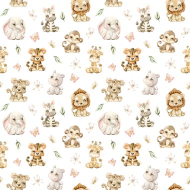 Şirin Tropikal Hayvanlar Kelebekleri ve Yaprakları Su Boyası El Boyası Yaz Pastası Beyaz arka planda şirin çocuk bezi kumaş kumaş ambalaj kağıdı için nötr, pürüzsüz desen