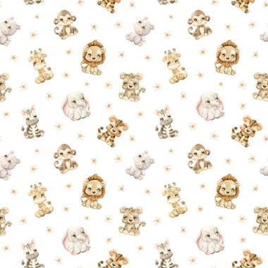 Şirin Tropikal Safari Ormanı Hayvanları ve Çiçekler el boyası yaz boyası pastel, beyaz arka planda bebek bezi kumaş kumaş ambalaj kağıdı için nötr, pürüzsüz desen