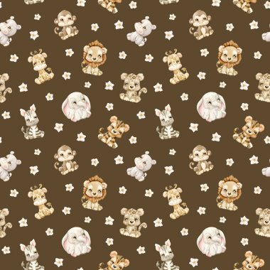 Şirin Tropikal Safari Ormanı Hayvanlar ve Çiçekler. Suyla boyanmış yaz boyası. Kahverengi arka planda şirin çocuk bezi kumaş kumaş ambalaj kağıdı için nötr, pürüzsüz desen.